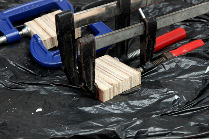 Scrap Plywood DIY Coaster Set - Step #2 Clamping the glued plywood
