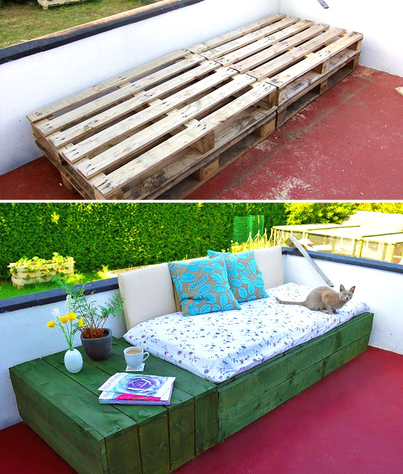 Is That a Pallet Swimming Pool? 24 DIY Pallet Outdoor Furniture Creations and Big Builds: #3 DIY daybed and side table combo
