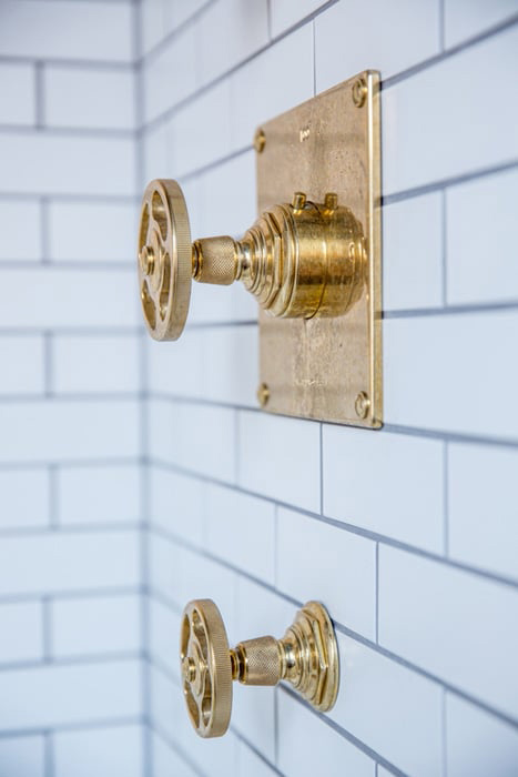 The Classic: Brass Black and White Bathroom Tour - Brass shower fixtures