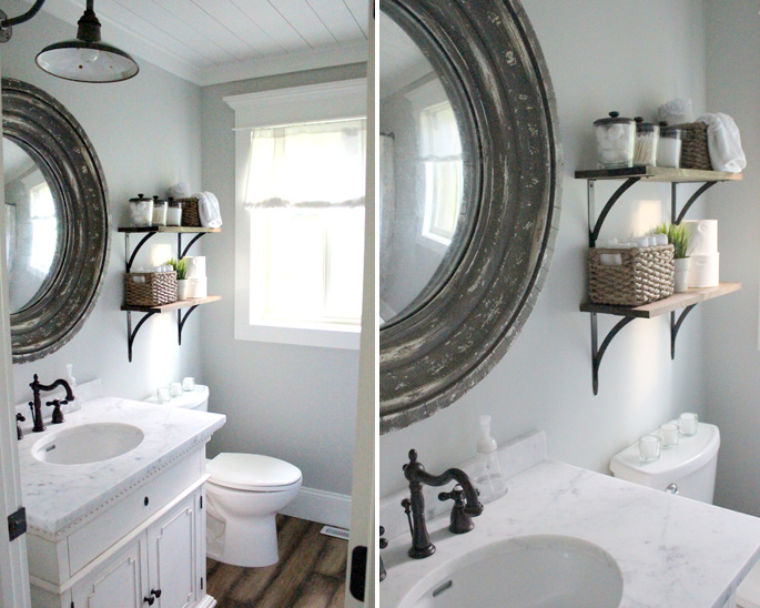 PASSPORT: Before and After Minnesota Farmhouse Cabin Renovation and Makeover Tour - Farmhouse bathroom with a gooseneck pancake light fixture