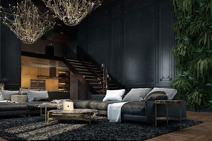 Luxury loft living room – black and gold